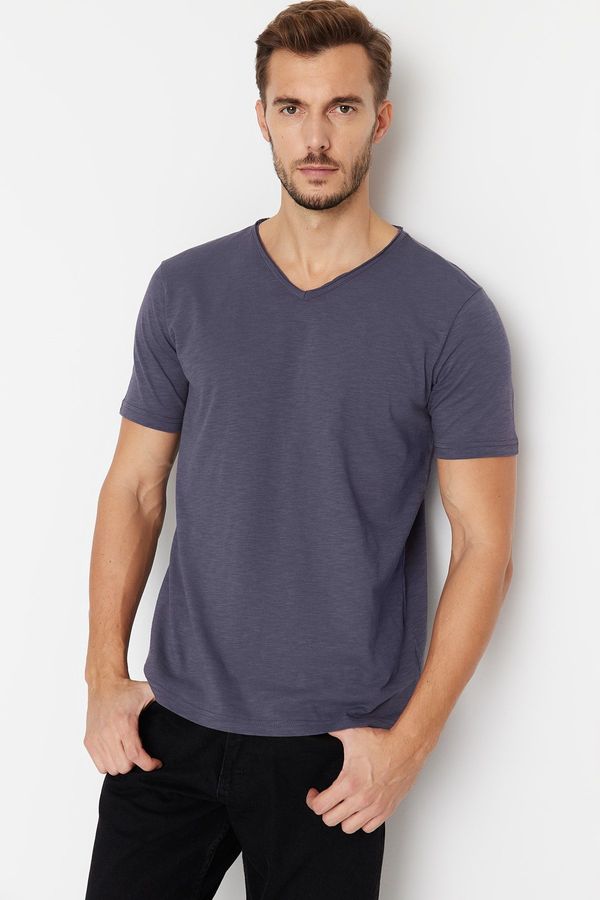 Trendyol Trendyol Anthracite Basic Regular Cut V-Neck 100% Cotton Flared Single Jersey T-Shirt