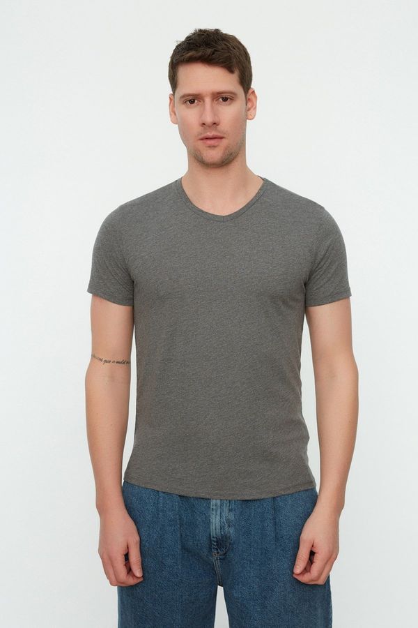 Trendyol Trendyol Anthracite Basic Slim V-Neck Short Sleeved 100% Cotton T-Shirt