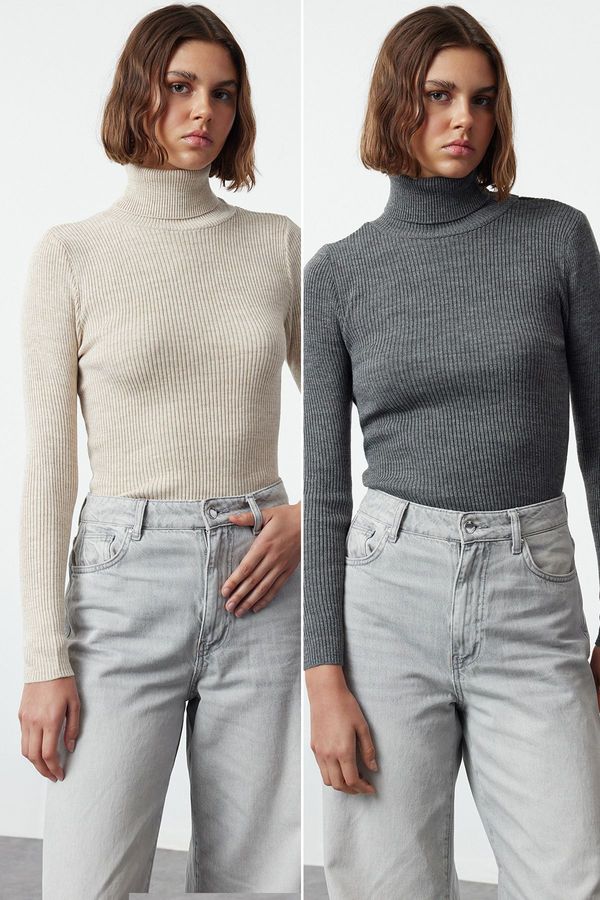 Trendyol Trendyol Anthracite-Beige Double Pack Knitted Sweater