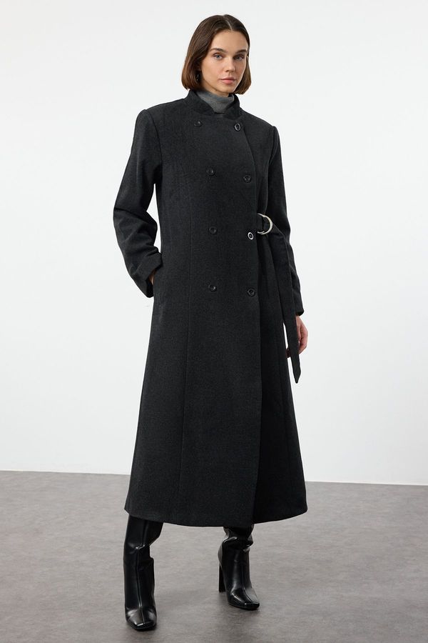 Trendyol Trendyol Anthracite Belted Double Breasted Regular Wool Long Topcoat Formed Lined Coat