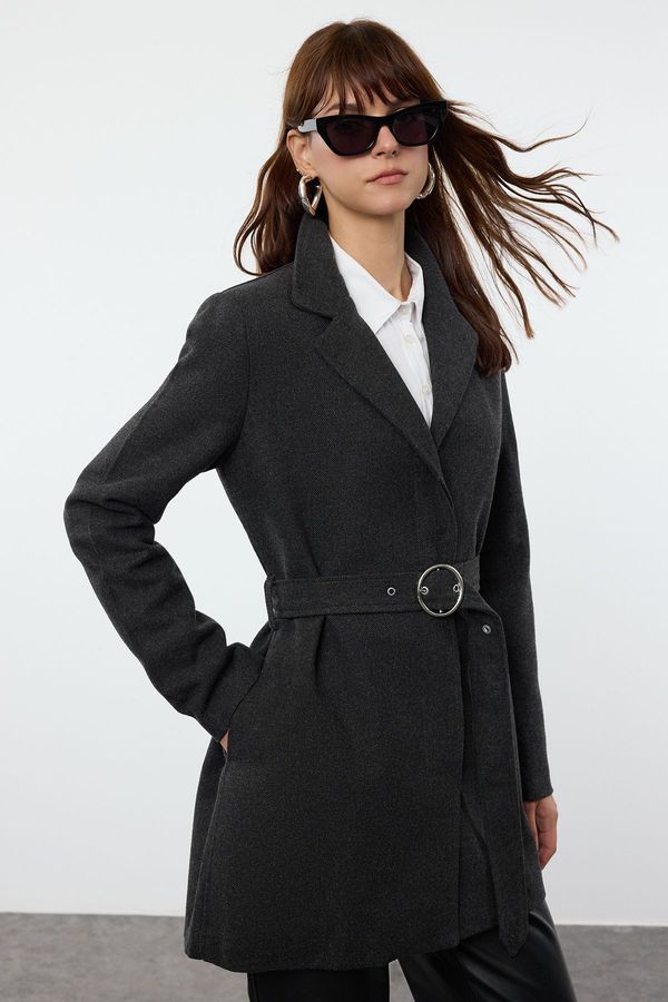 Trendyol Trendyol Anthracite Belted Fitted Wool Midi Coat