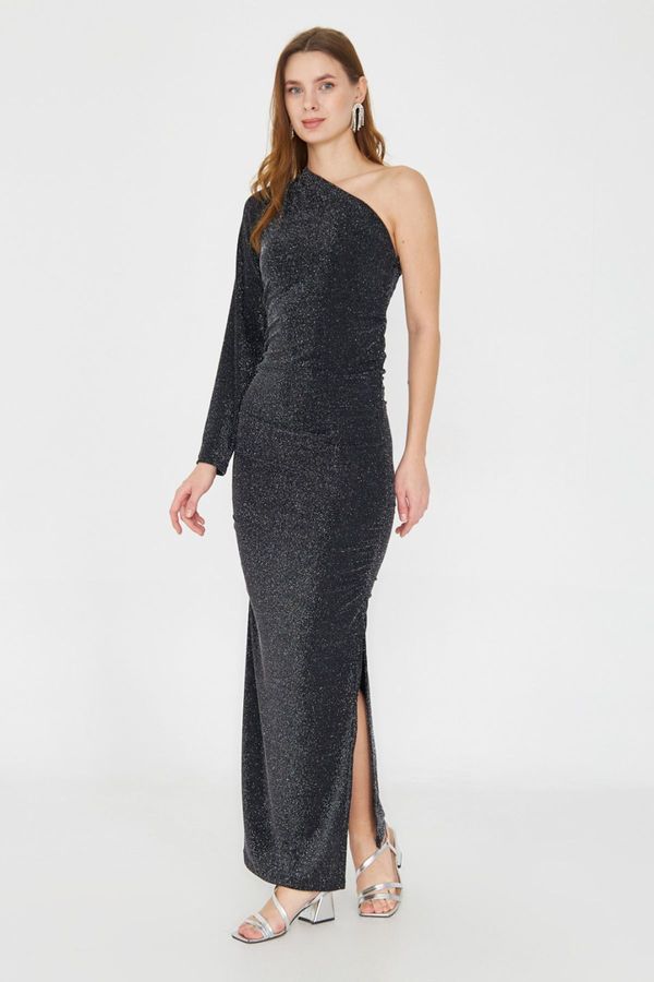 Trendyol Trendyol Anthracite Body-Smooth Single Sleeve Glittery Knitted Midi Dress