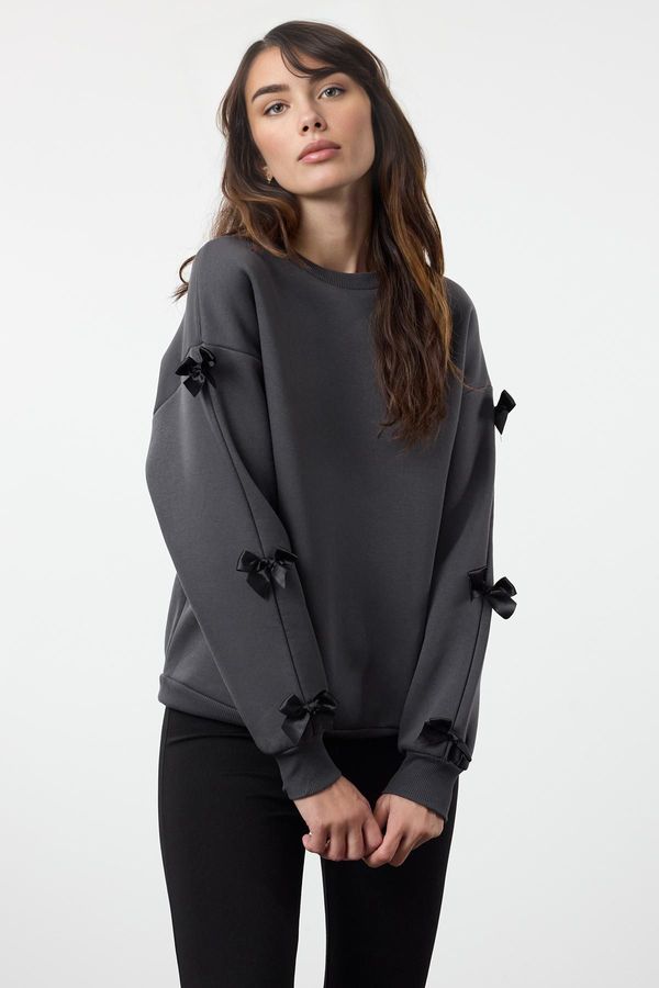 Trendyol Trendyol Anthracite Bow Detail Oversize/Wide Pattern Thick Polar Fleece Knitted Sweatshirt