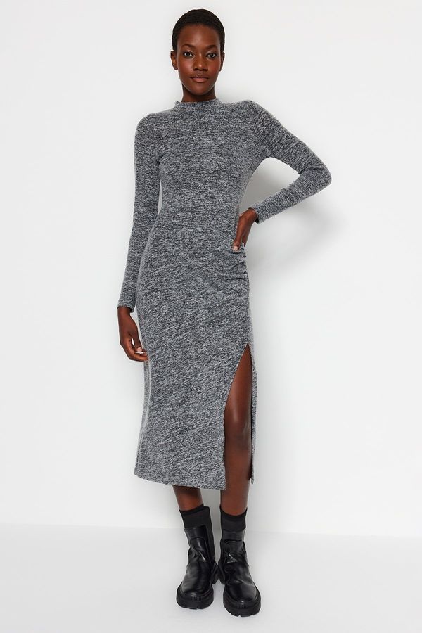 Trendyol Trendyol Anthracite Crew Neck Fluffy Midi Slit and Gathered Detail Fitted Knitted Dress