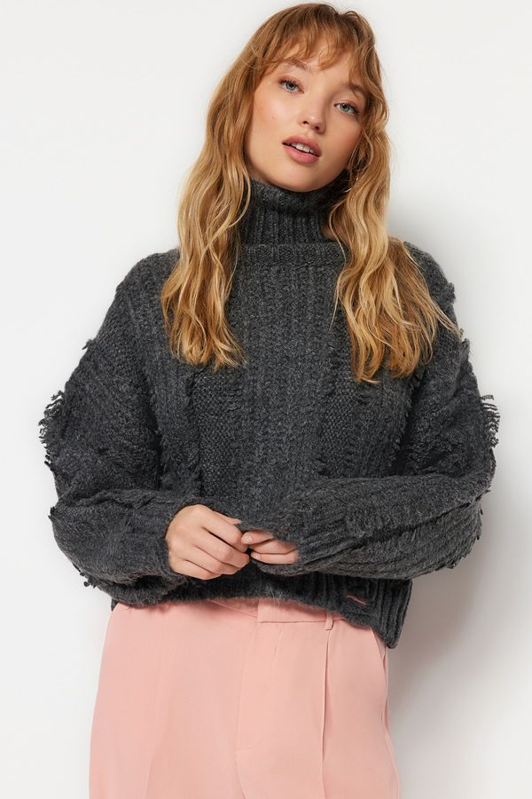 Trendyol Trendyol Anthracite Crop Soft Textured Turtleneck Knitwear Sweater