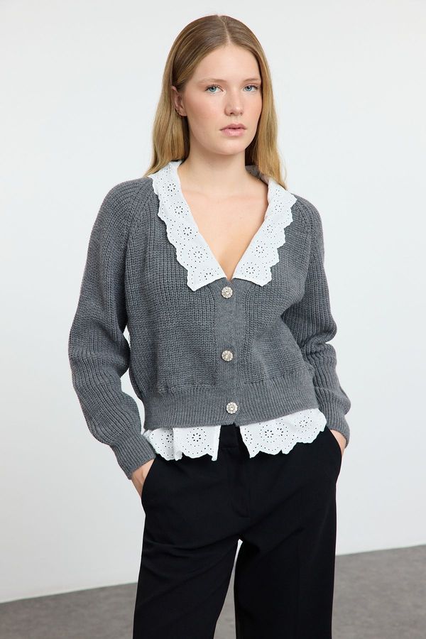 Trendyol Trendyol Anthracite Crop Woven Garni Detailed V Neck Knitwear Cardigan