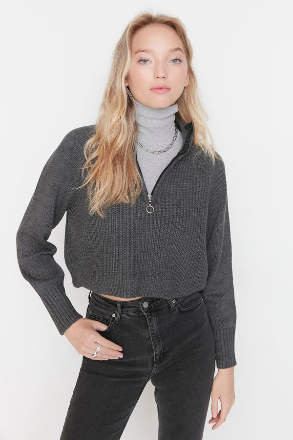 Trendyol Trendyol Anthracite Crop Zippered Stand Collar Basic Knitwear Sweater