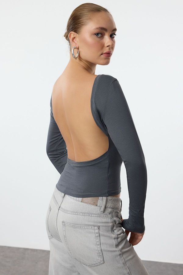 Trendyol Trendyol Anthracite Deep Backless Fitted Cotton Stretchy Knitted Blouse