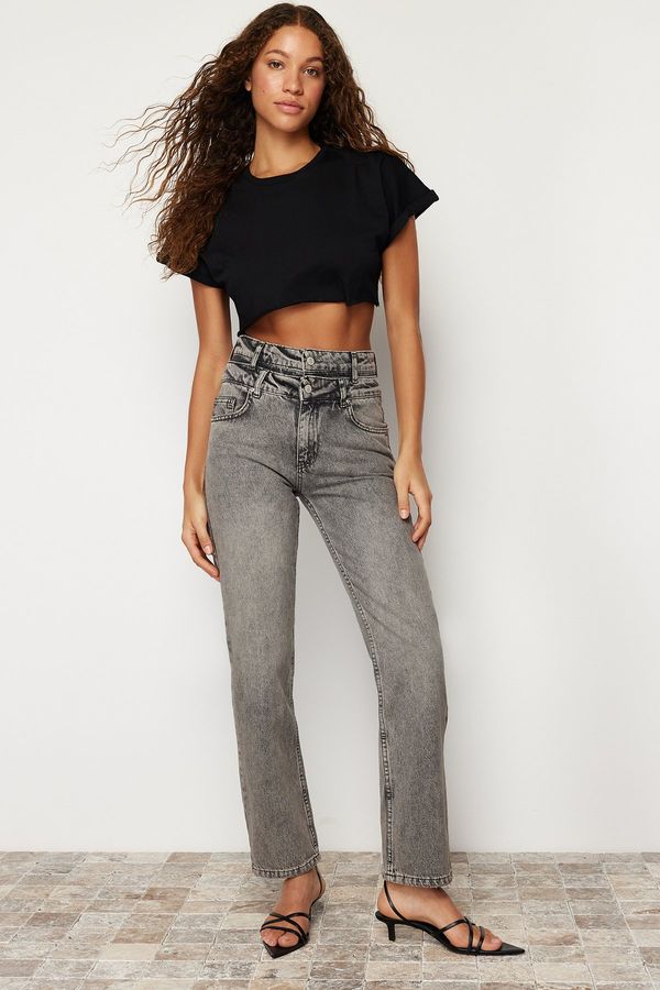 Trendyol Trendyol Anthracite Double Belted High Waist Wide Leg Jeans