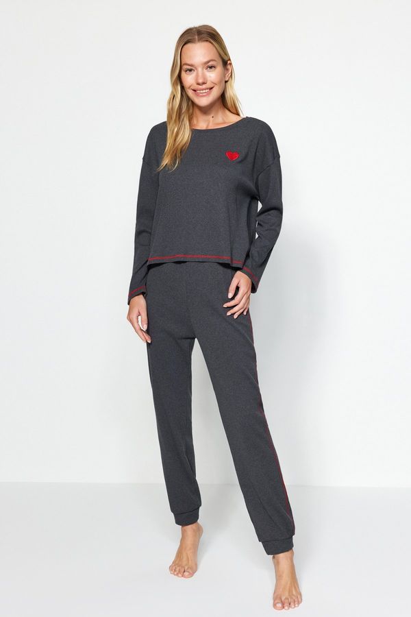 Trendyol Trendyol Anthracite Embroidery and Stitch Detail Ribbed Cotton Tshirt-Jogger Knitted Pajamas Se