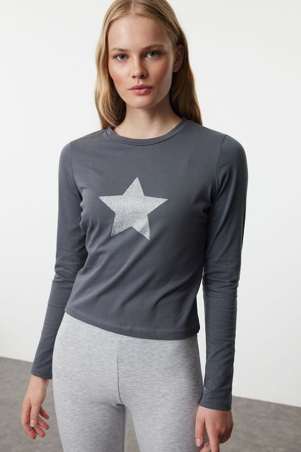 Trendyol Trendyol Anthracite Fitted Printed Crew Neck Cotton Stretch Knitted Blouse