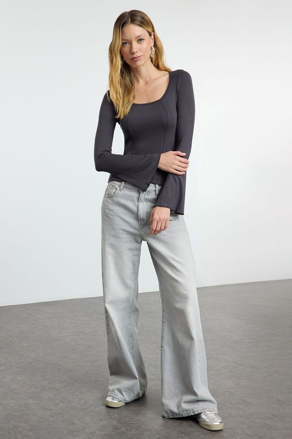 Trendyol Trendyol Anthracite Fitted/Fits the Body Seam Detailed Pool Neck Flexible Knitted Blouse