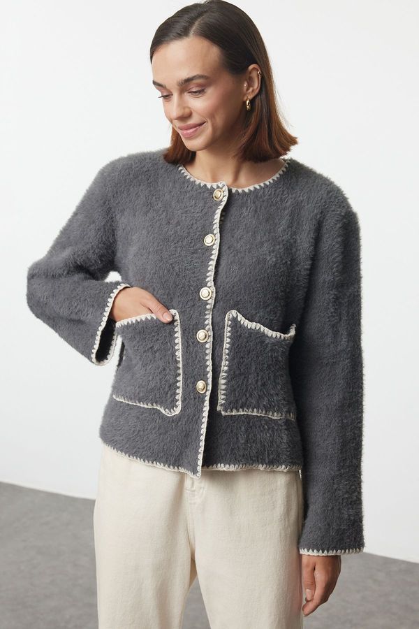 Trendyol Trendyol Anthracite Fluffy Soft Texture Jacket-Look Knitted Cardigan