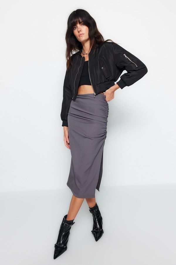 Trendyol Trendyol Anthracite Gathered Slit Detailed Parachute Fabric Midi Woven Skirt