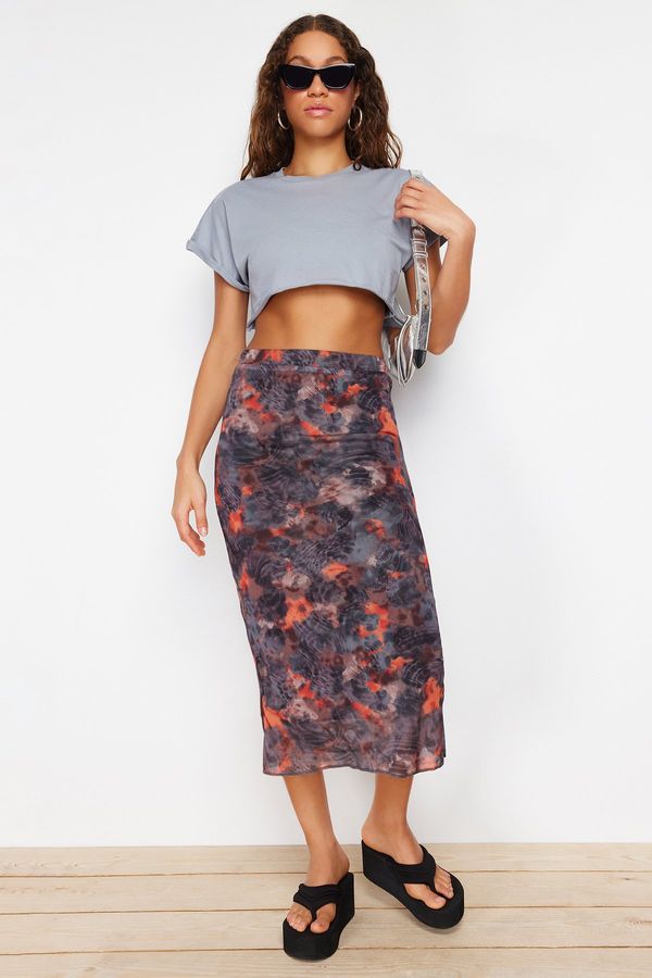 Trendyol Trendyol Anthracite High Waist Printed Midi Stretchy Lined Tulle Knitted Skirt