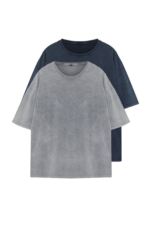 Trendyol Trendyol Anthracite-Indigo Antique/Faded Effect 2 Pack Basic Tshirt