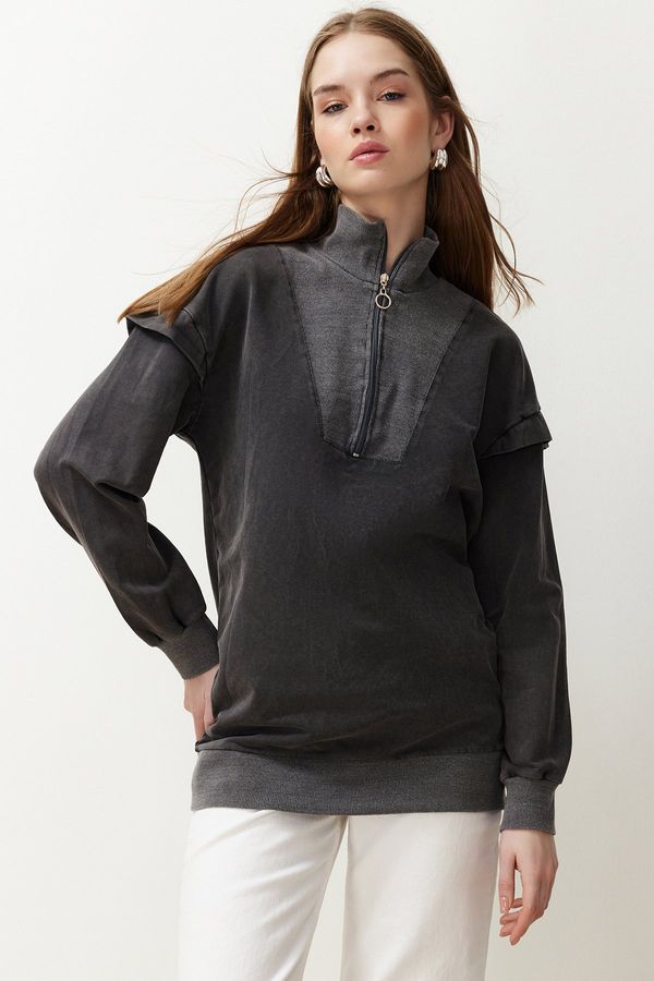 Trendyol Trendyol Anthracite Knitted Tunic with Zipper Detail on the Collar