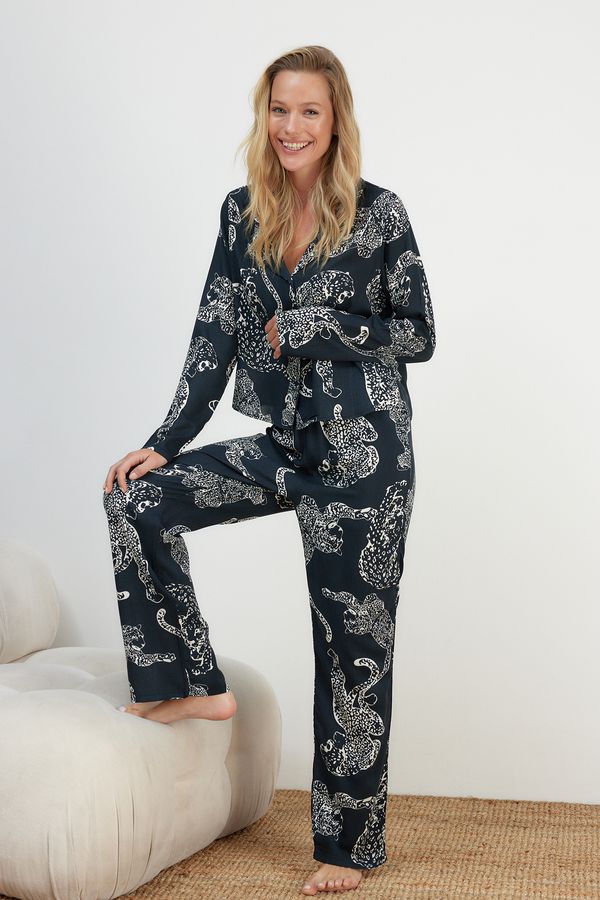 Trendyol Trendyol Anthracite Leopard Pattern Shirt-Pants Woven Pajamas Set