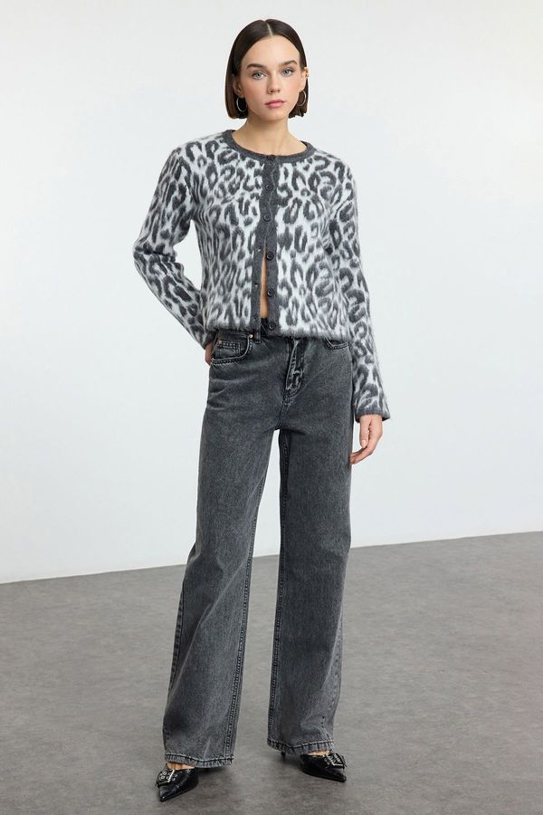 Trendyol Trendyol Anthracite Leopard Patterned Knitwear Cardigan