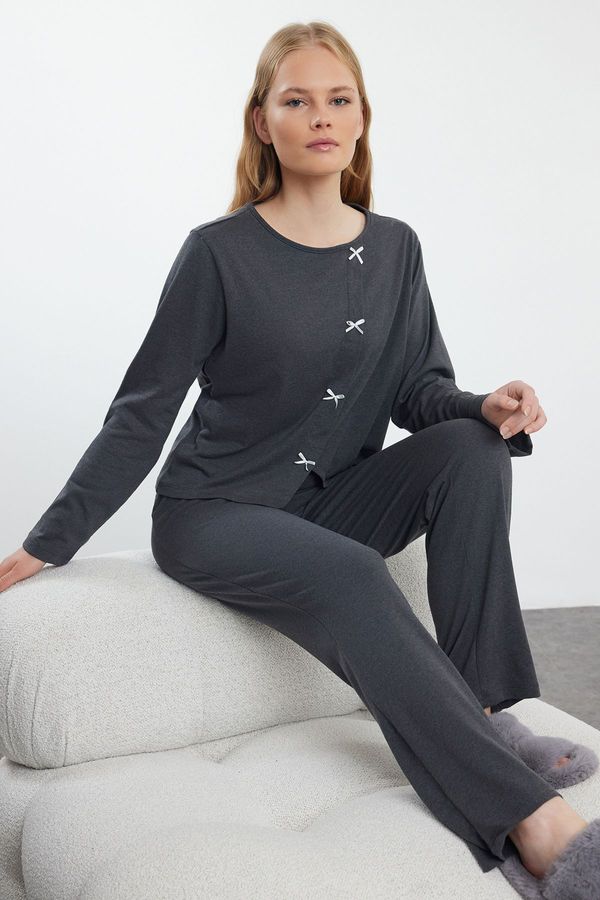 Trendyol Trendyol Anthracite Melange Cotton Ribbon/Bow Detailed Knitted Pajama Set