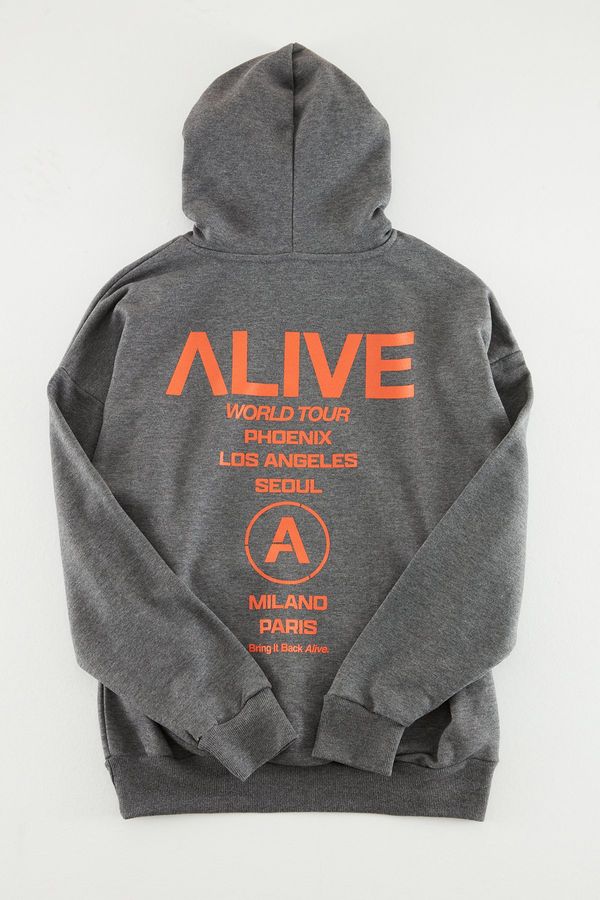 Trendyol Trendyol Anthracite Melange Oversize/Wide-Fit Hooded Text Printed Back Sweatshirt