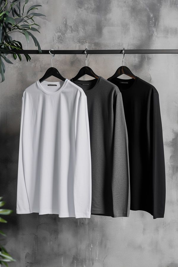 Trendyol Trendyol Anthracite Melange-White-Black Men's Regular/Normal Fit Long Sleeve 3-Pack Basic T-Shirt
