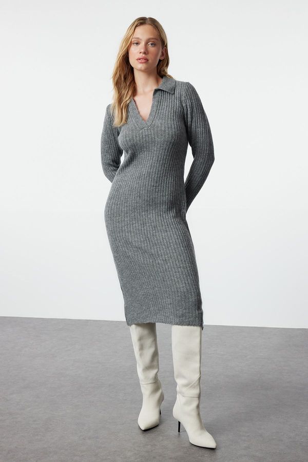 Trendyol Trendyol Anthracite Midi Knitwear Soft Textured Polo Neck Dress