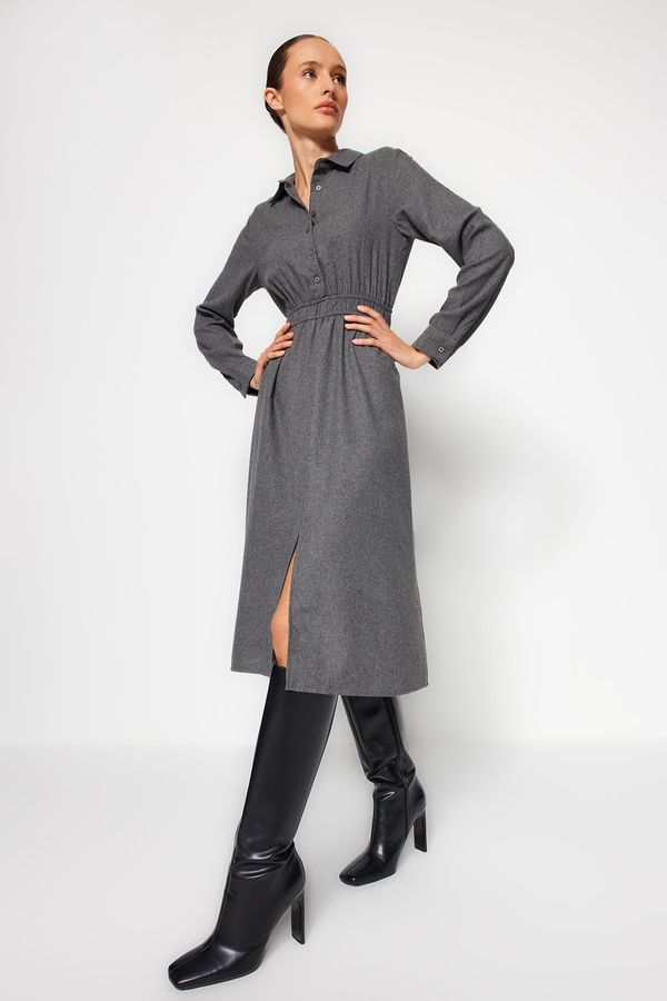 Trendyol Trendyol Anthracite Midi Woven Dress with Shirt Collar and Buttons
