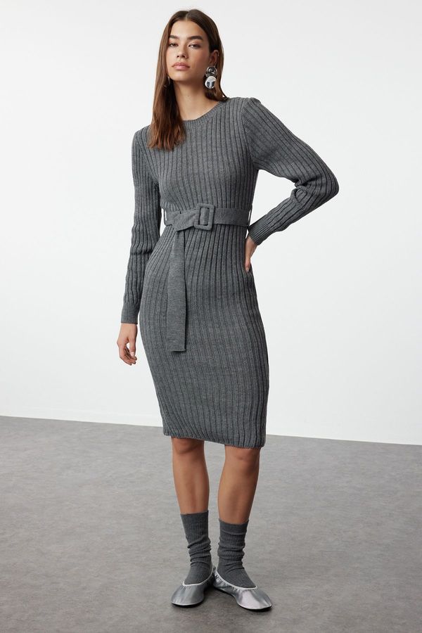 Trendyol Trendyol Anthracite Mini Knitwear Belted Dress