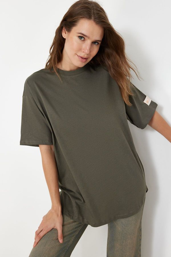 Trendyol Trendyol Anthracite More Sustainable 100% Cotton Oversize Cut Knitted T-Shirt with Woven Label