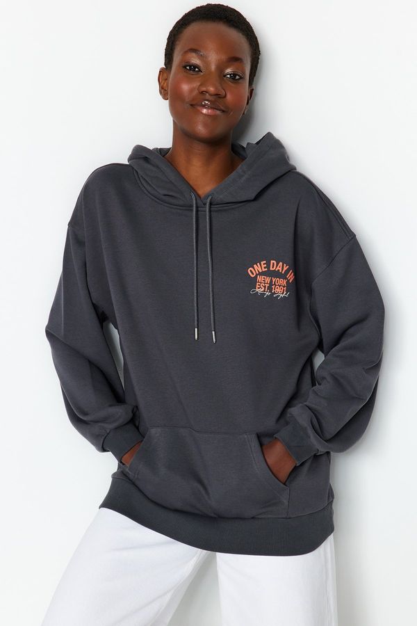 Trendyol Trendyol Anthracite Motto Printed Oversize Hooded Thick Knitted Sweatshirt