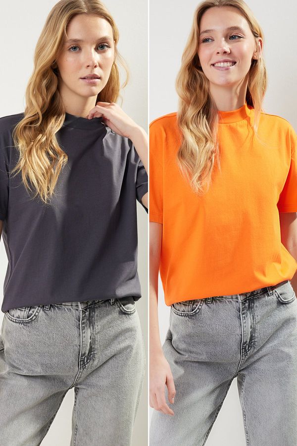 Trendyol Trendyol Anthracite-Orange 2-Pack Basic High Neck Knitted T-Shirt