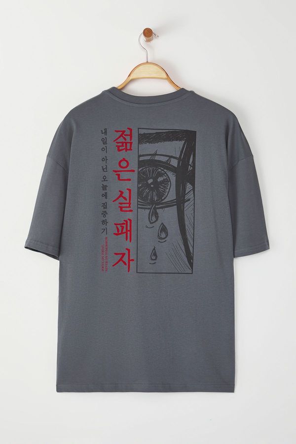 Trendyol Trendyol Anthracite Oversize 100% Cotton Anime Printed T-shirt