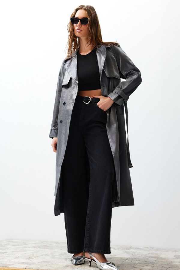 Trendyol Trendyol Anthracite Oversize Wide Cut Belted Trench Coat