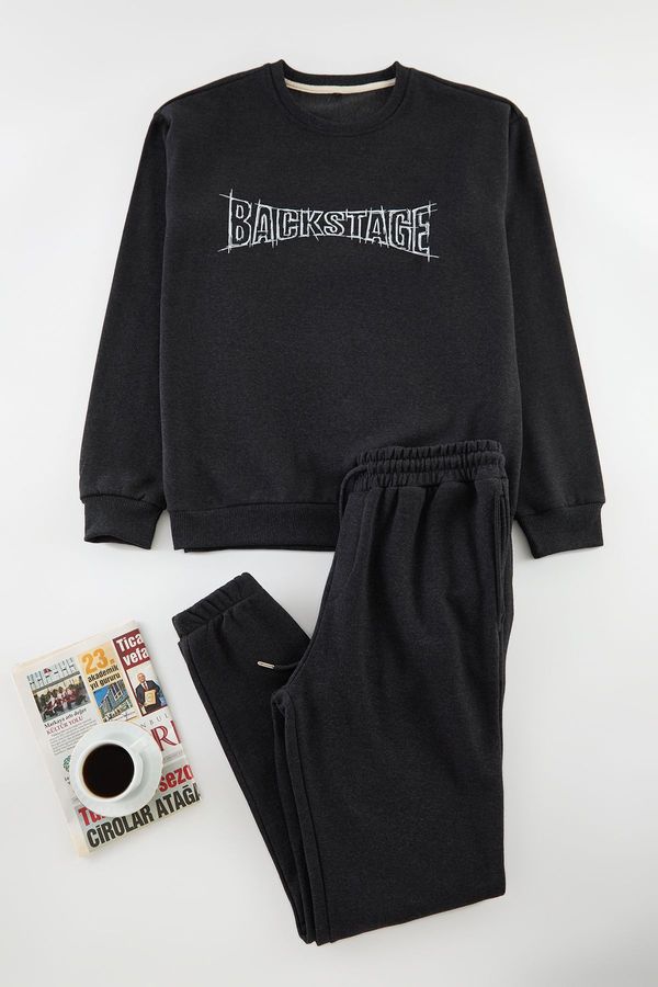 Trendyol Trendyol Anthracite Oversize / Wide Cut Text Printed Tracksuit