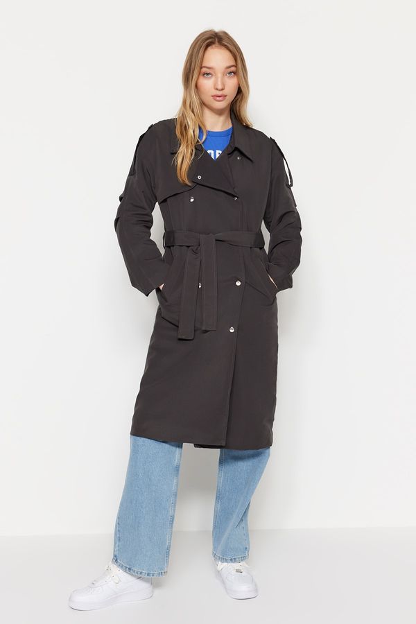 Trendyol Trendyol Anthracite Oversized Belted Trench Coat with Snap Fastener