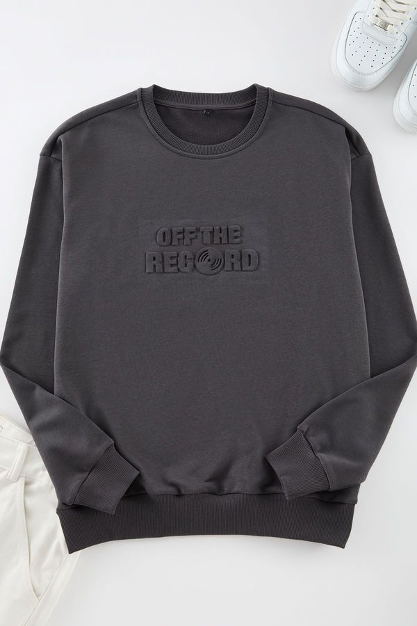 Trendyol Trendyol Anthracite Oversize/Wide Cut Embossed Text Printed Sweatshirt