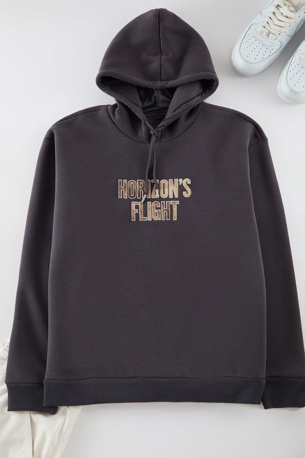 Trendyol Trendyol Anthracite Oversize/Wide Cut Hooded Sweatshirt with Patterned Text Printed Fleece Inside