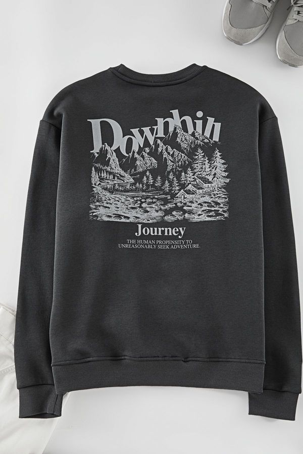 Trendyol Trendyol Anthracite Oversize/Wide Cut Printed Embroidered Fleece Inside Sweatshirt