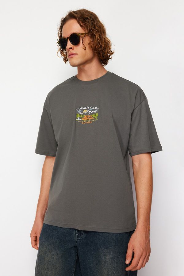 Trendyol Trendyol Anthracite Oversize/Wide Cut Short Sleeve Landscape Embroidered 100% T-Shirt