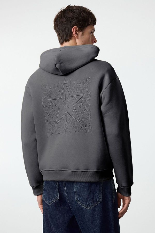 Trendyol Trendyol Anthracite Oversize/Wide Cut Sweatshirt with Embroidery Detail on the Back