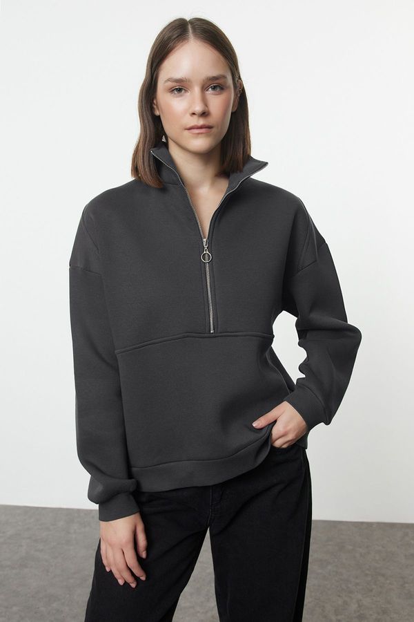 Trendyol Trendyol Anthracite Oversize/Wide Fit Half Zipper Thick Inside Fleece Knitted Sweatshirt