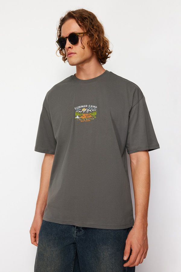 Trendyol Trendyol Anthracite Oversize/Wide-Fit Short Sleeve Landscape Embroidery 100% Cotton T-Shirt
