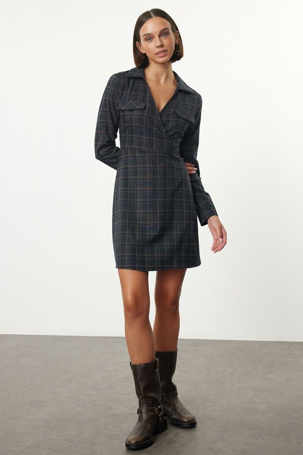 Trendyol Trendyol Anthracite Plaid A-Line Double Breasted Mini Woven Dress