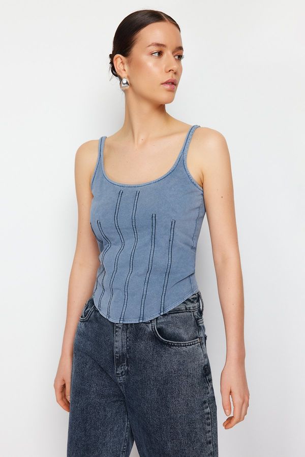 Trendyol Trendyol Anthracite Plain Washed Slim Square Neck Crop Strap Knitted Blouse