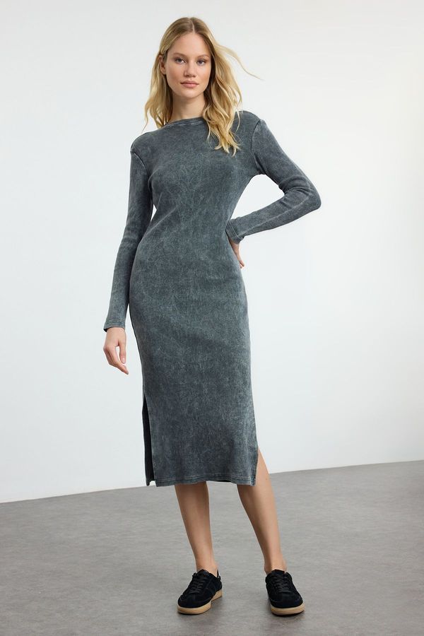 Trendyol Trendyol Anthracite Plain Washed/Faded Effect Zero Sleeve High Collar Flexible Maxi Knitted Dress