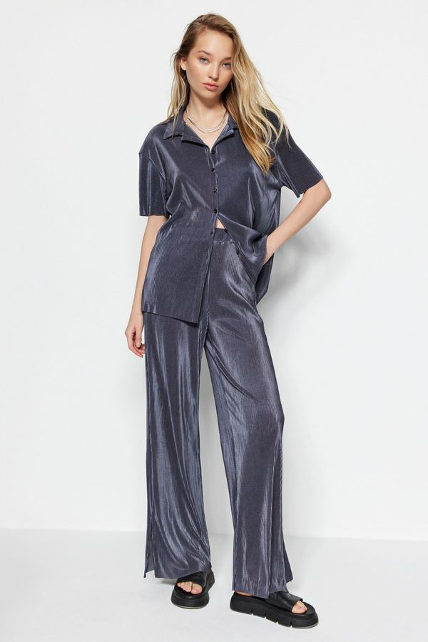 Trendyol Trendyol Anthracite Pleat Relaxed/Comfortable Fit Shirt and Trousers Knitted Top and Bottom Set