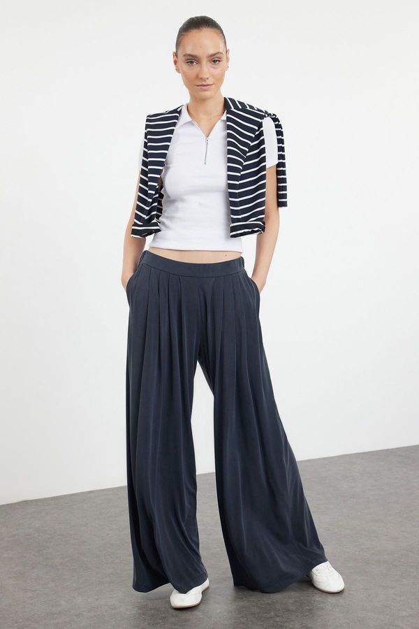 Trendyol Trendyol Anthracite Pleated Wide Leg Stretch Knit Trousers