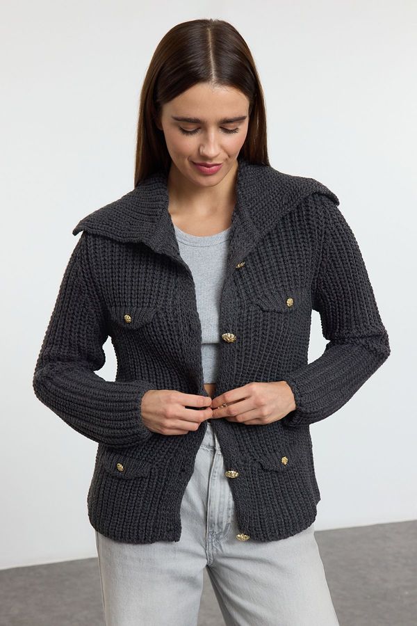 Trendyol Trendyol Anthracite Pocket Detailed Knitwear Cardigan