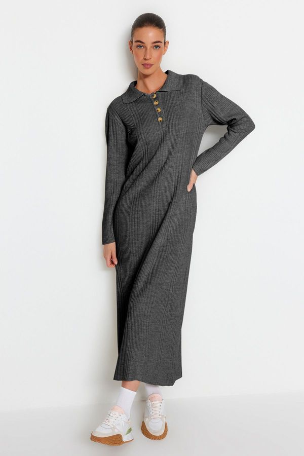 Trendyol Trendyol Anthracite Polo Collar Relaxed Fit Rib Knit Dress